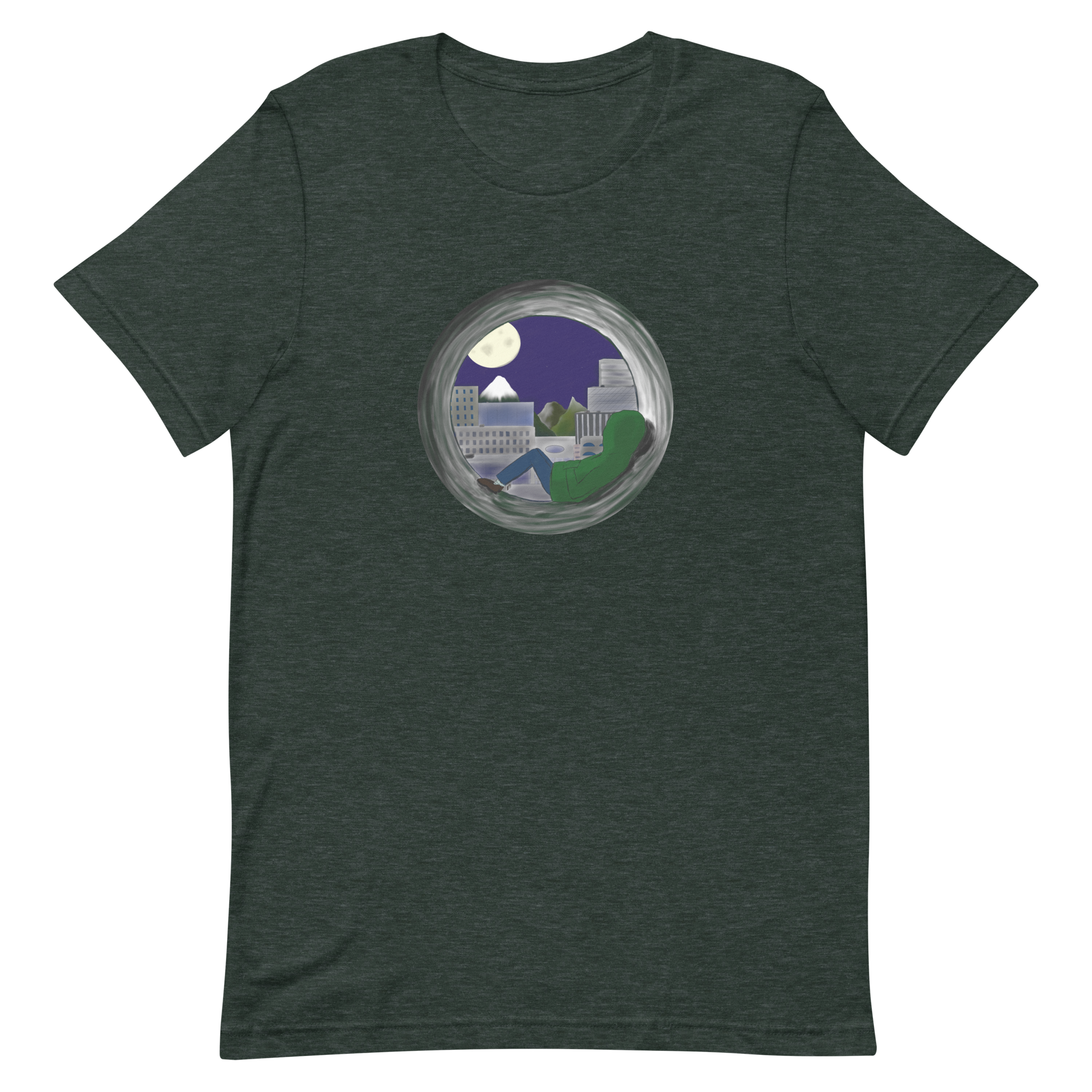 image of soft heather forest green t-shirt with 'Pipe Dreams' artwork